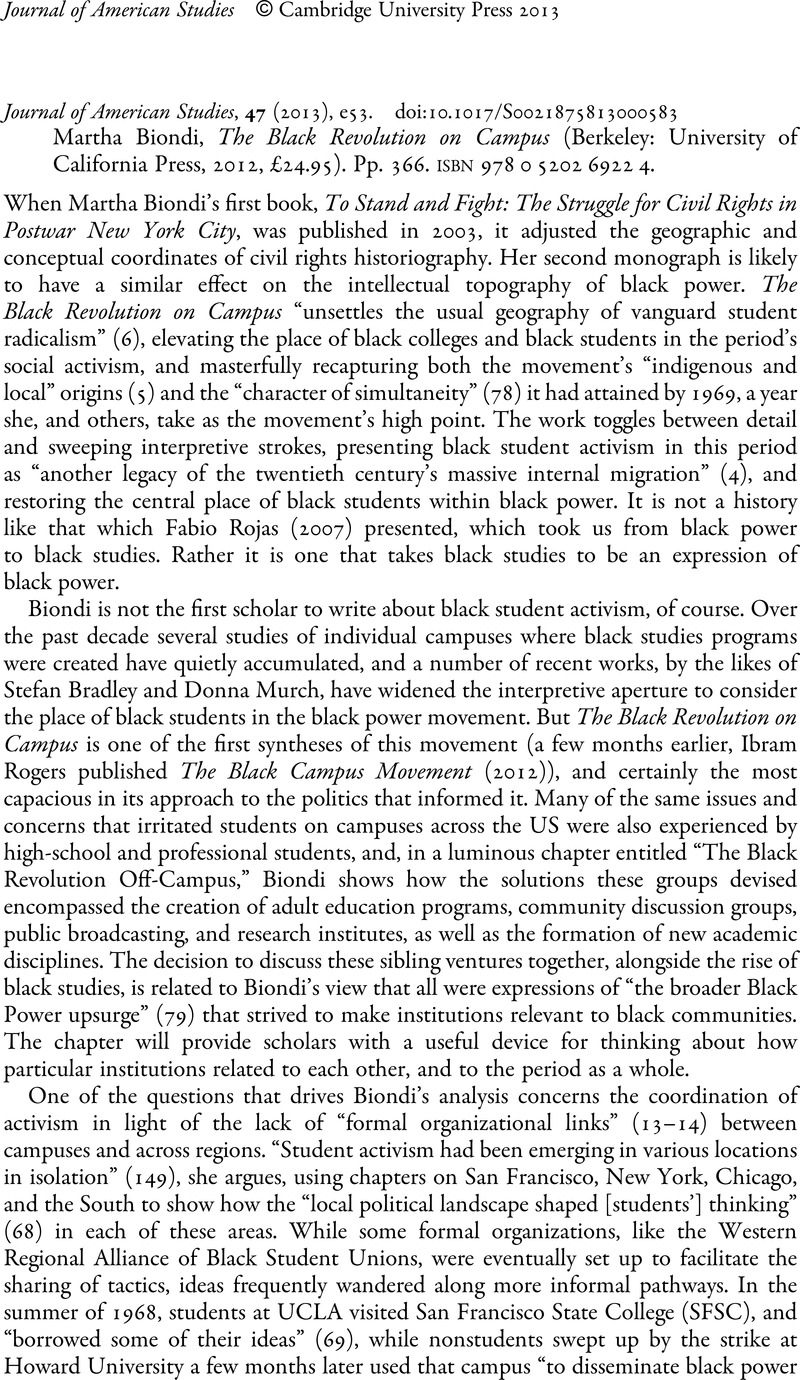 Martha Biondi, The Black Revolution on Campus (Berkeley: University of ...