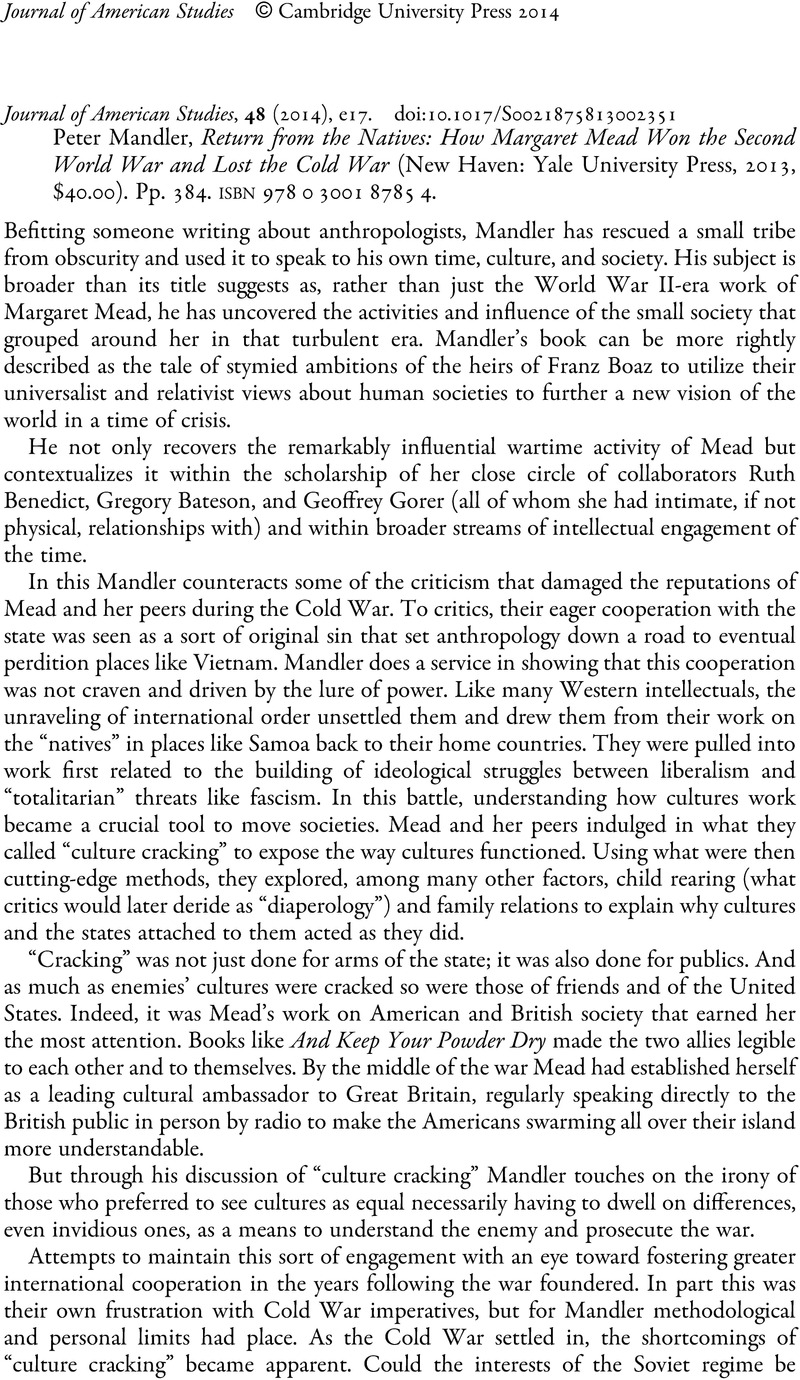 Peter Mandler, Return from the Natives: How Margaret Mead Won the ...