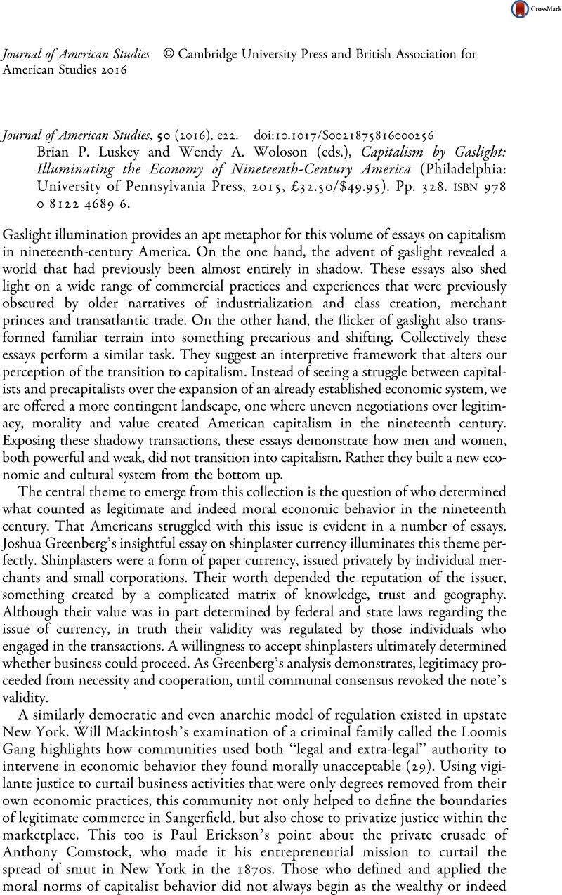 Capitalism by Gaslight: Illuminating the Economy of Nineteenth-Century America