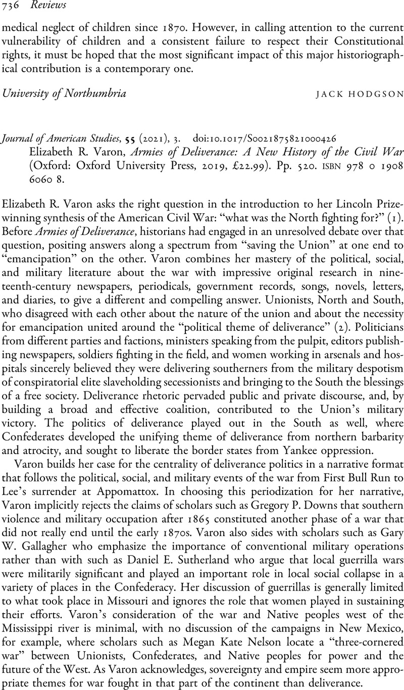 Elizabeth R. Varon, Armies Of Deliverance: A New History Of The Civil 