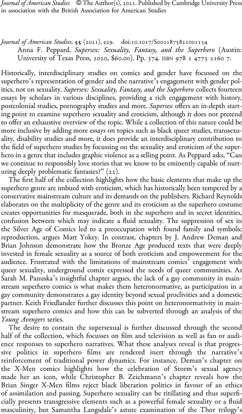 Anna F. Peppard, Supersex: Sexuality, Fantasy, and the Superhero ...