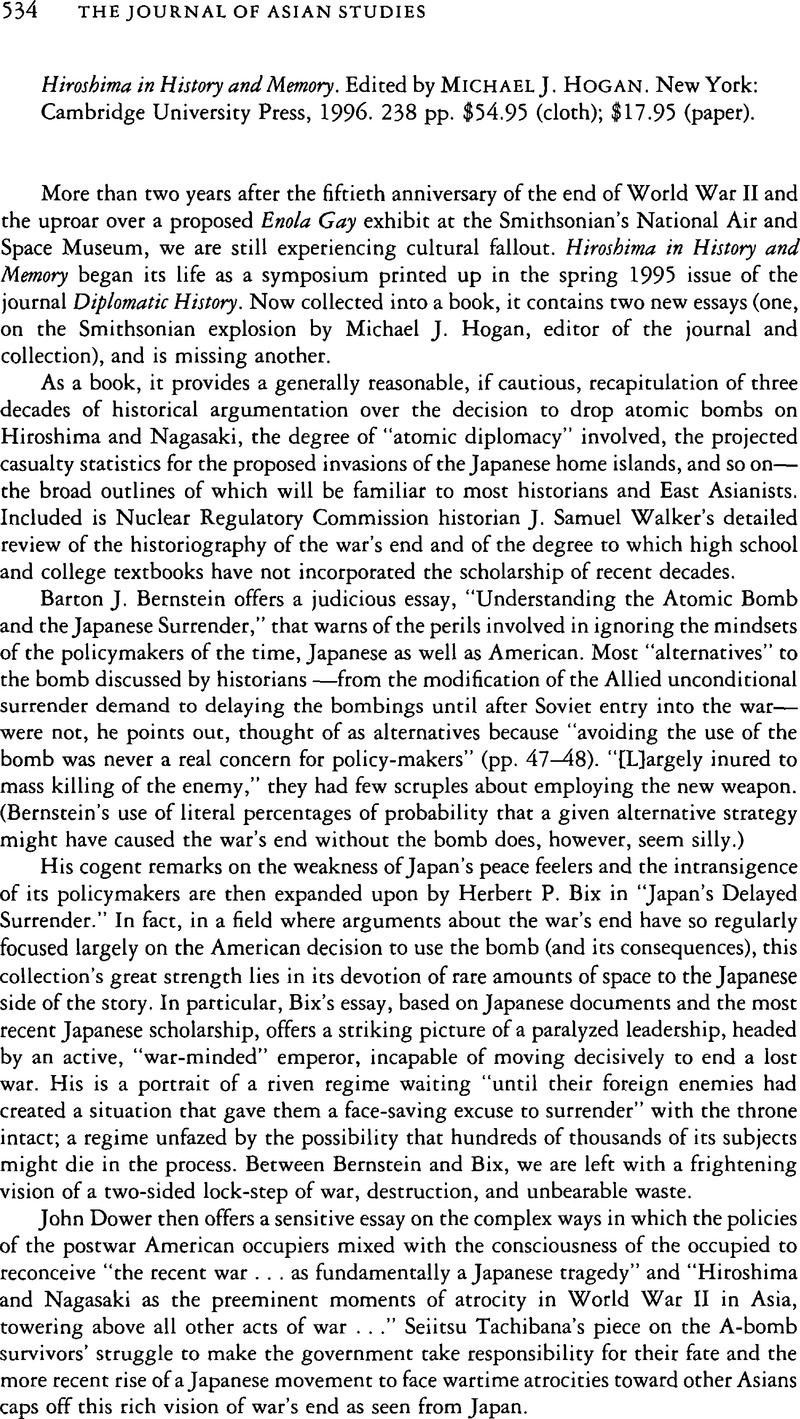 Hiroshima in History and Memory. Edited by Michael J. Hogan. New