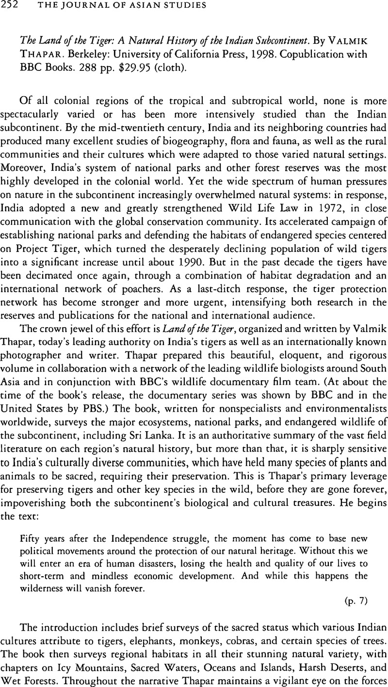 The Land of the Tiger: A Natural History of the Indian Subcontinent. By ...