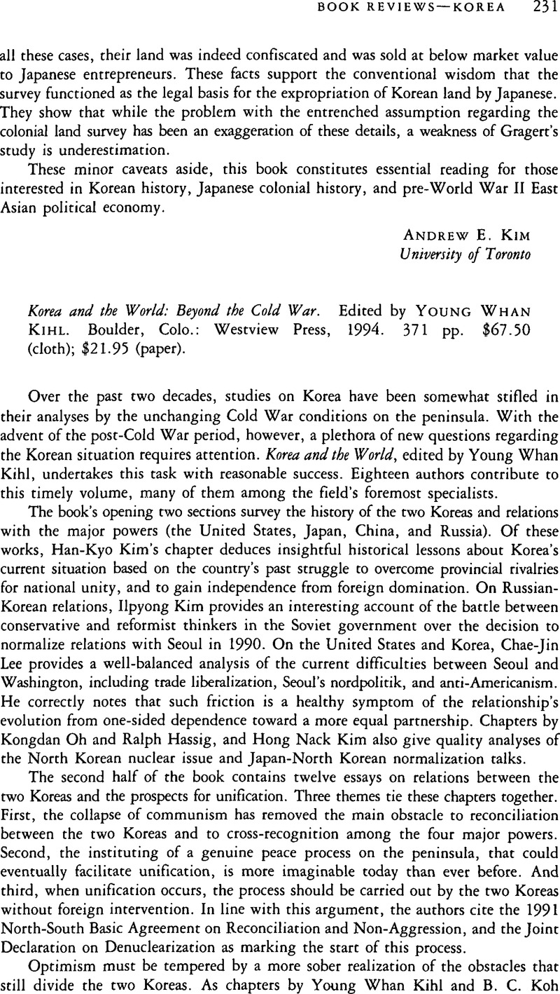 Korea and the World: Beyond the Cold War. Edited by Young Whan Kihl ...