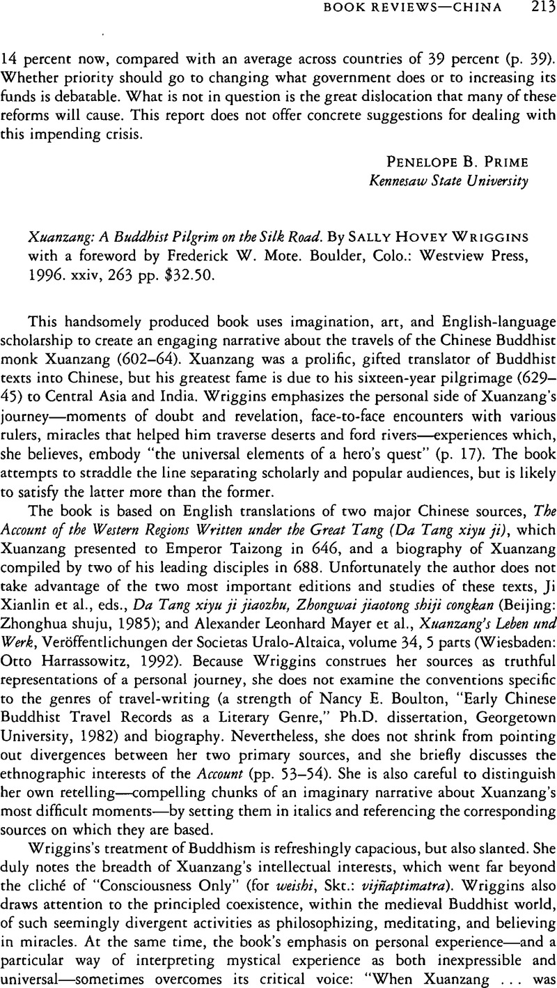 Xuanzang: A Buddhist Pilgrim on the Silk Road. By Sally Hovey Wriggins ...