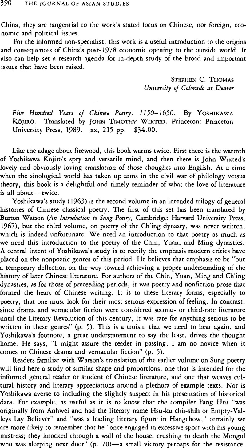 Five Hundred Years of Chinese Poetry, 1150–1650. By Yoshikawa Kōjirō ...