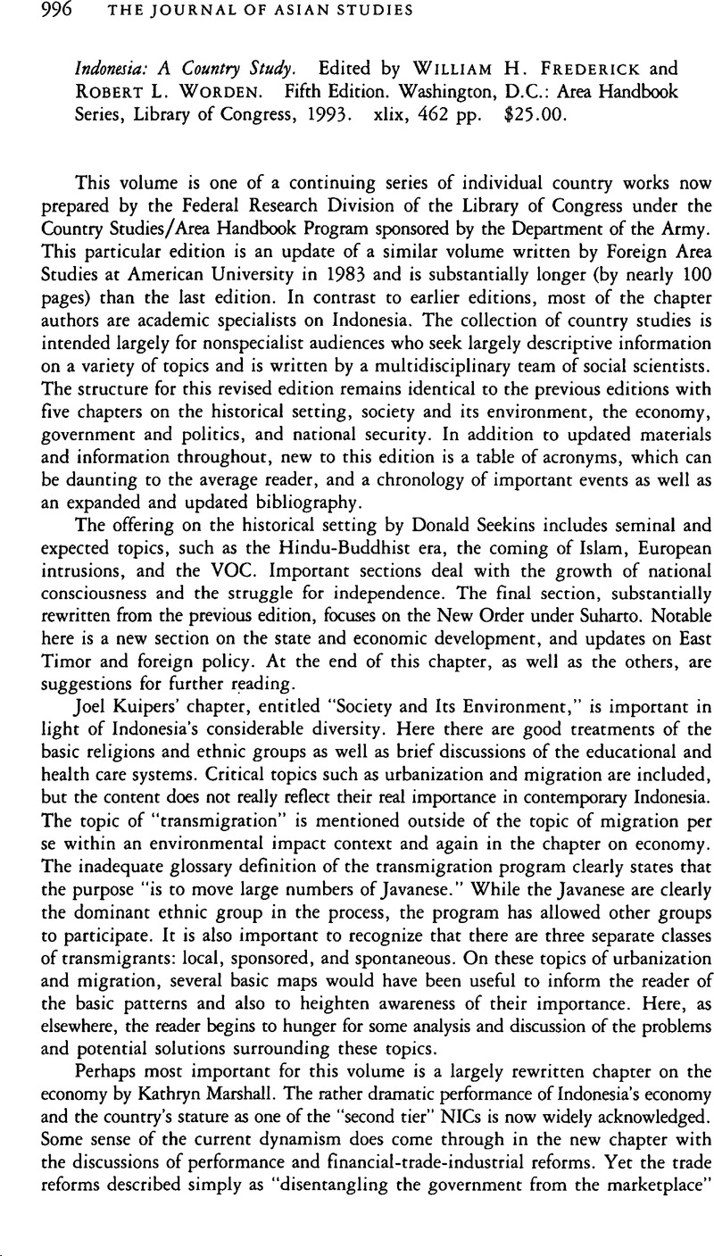 Indonesia: A Country Study. Edited by William J. Frederick and Robert L ...