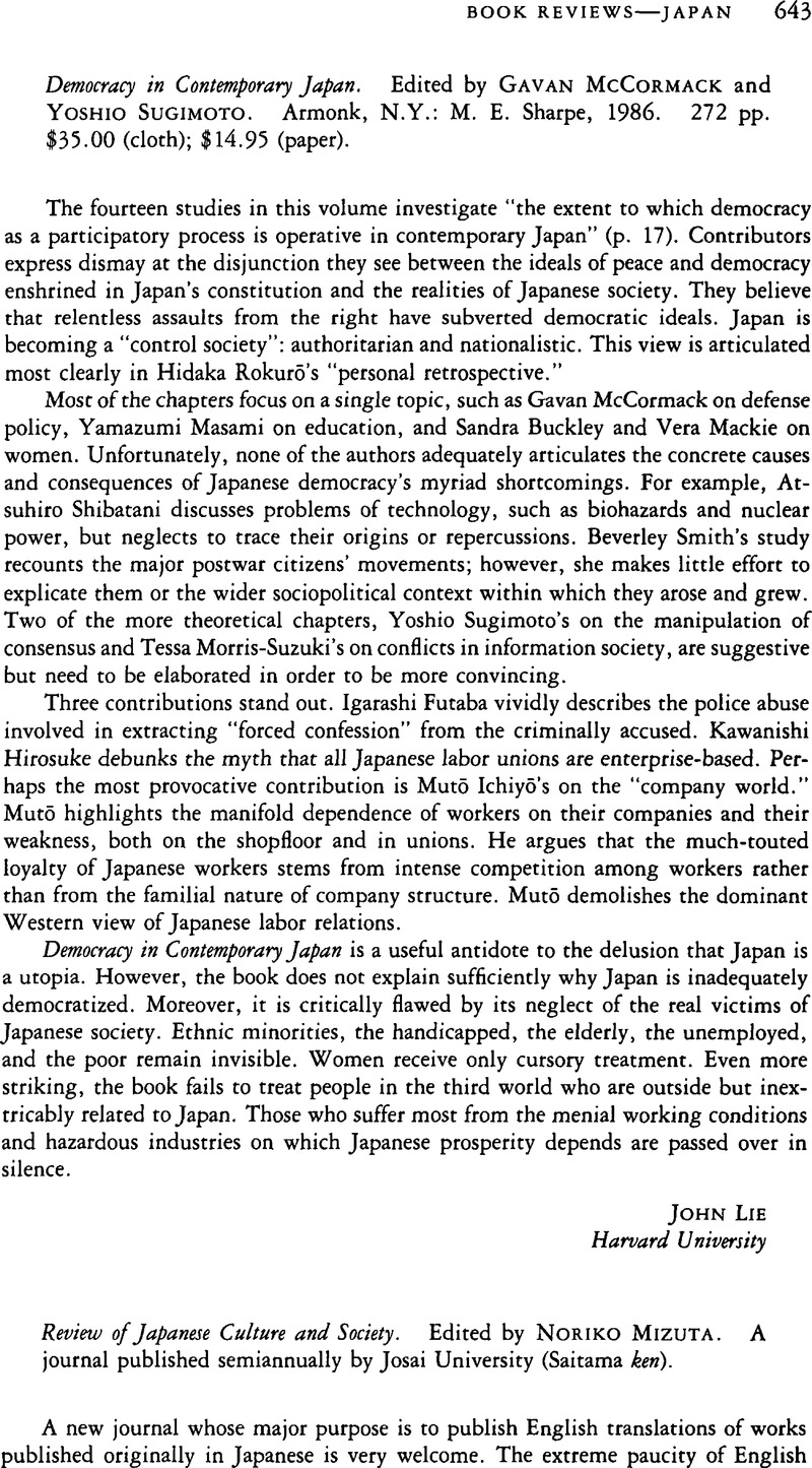 Democracy in Contemporary Japan. Edited by Gavan McCormack and