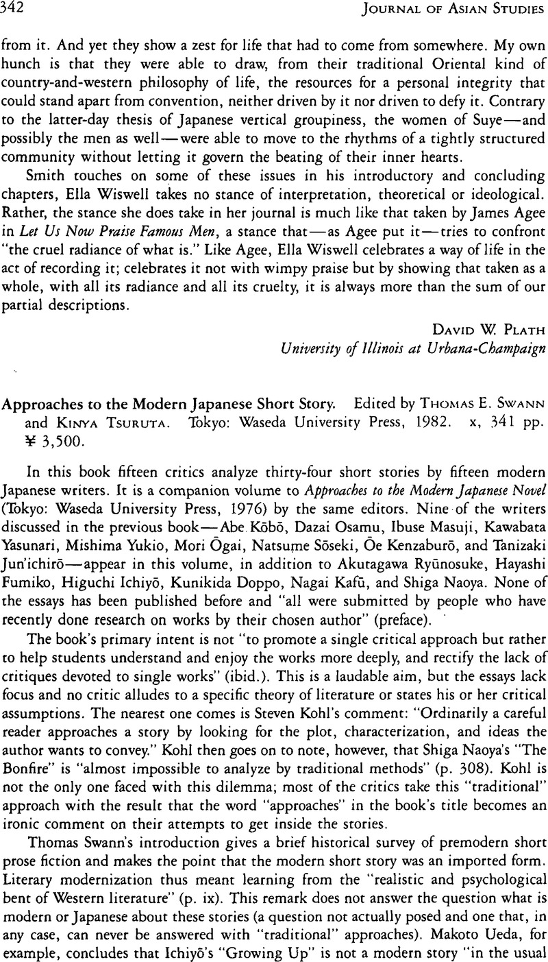 Approaches to the Modern Japanese Short Story. Edited by Thomas E ...