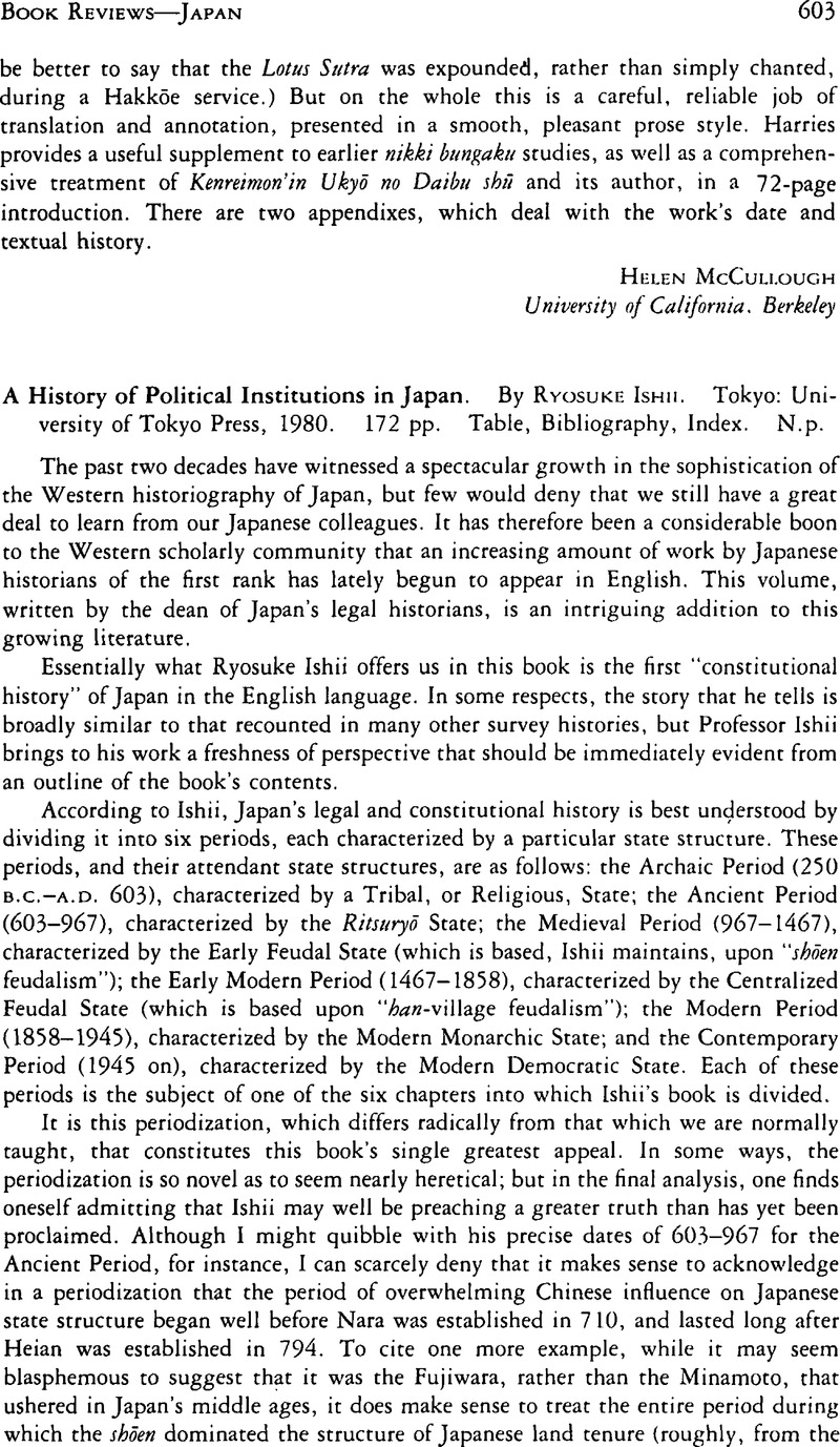 A History of Political Institutions in Japan. By Ryosuke Ishii. Tokyo ...