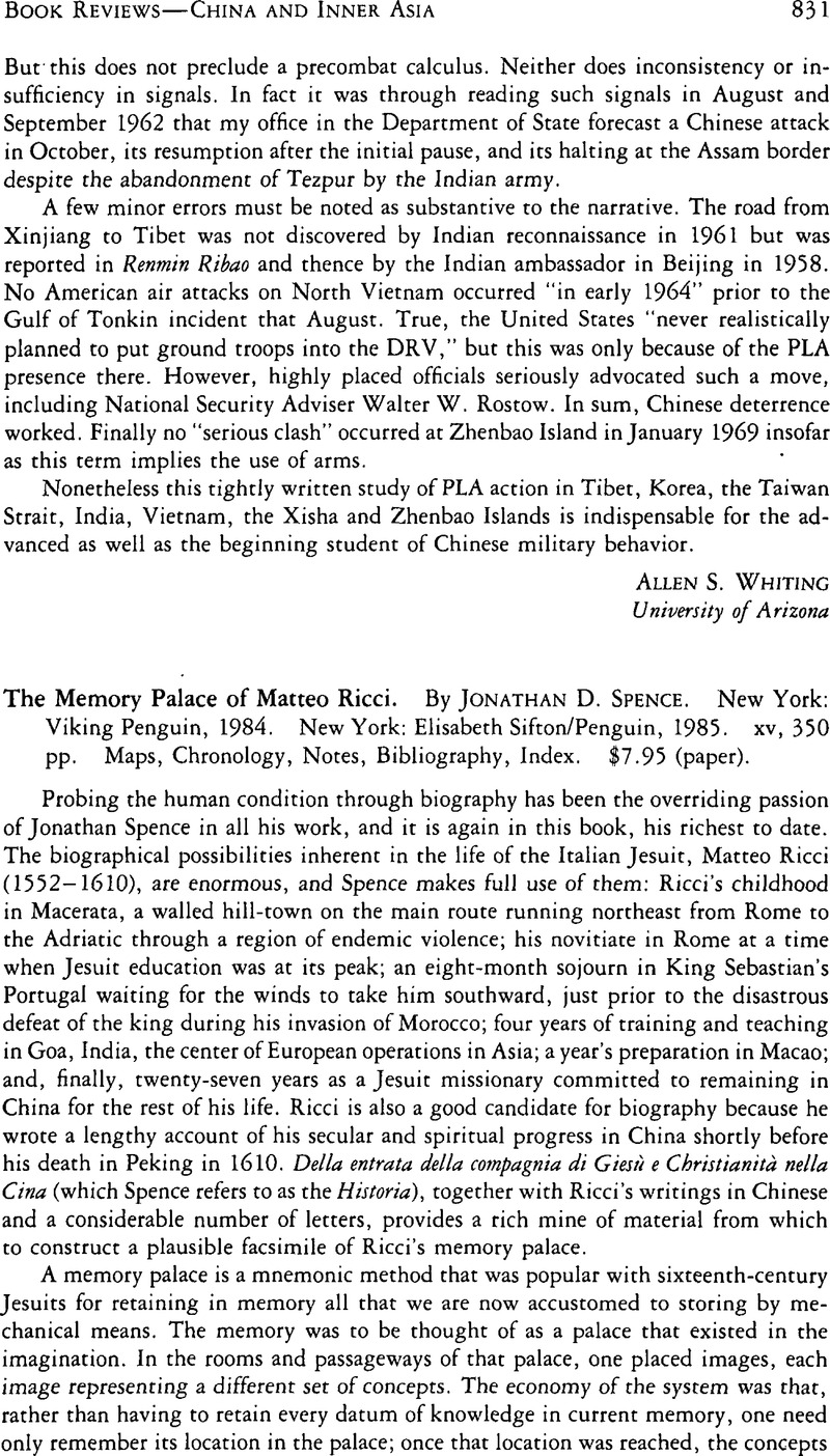 The Memory Palace of Matteo Ricci. By Jonathan D. Spence. New York ...