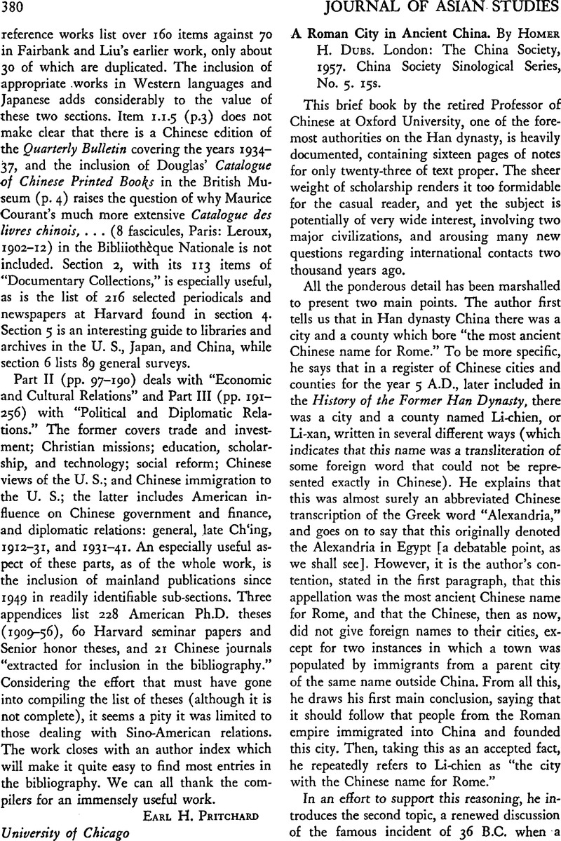 A Roman City in Ancient China. By Homer H. Dubs. London: The China