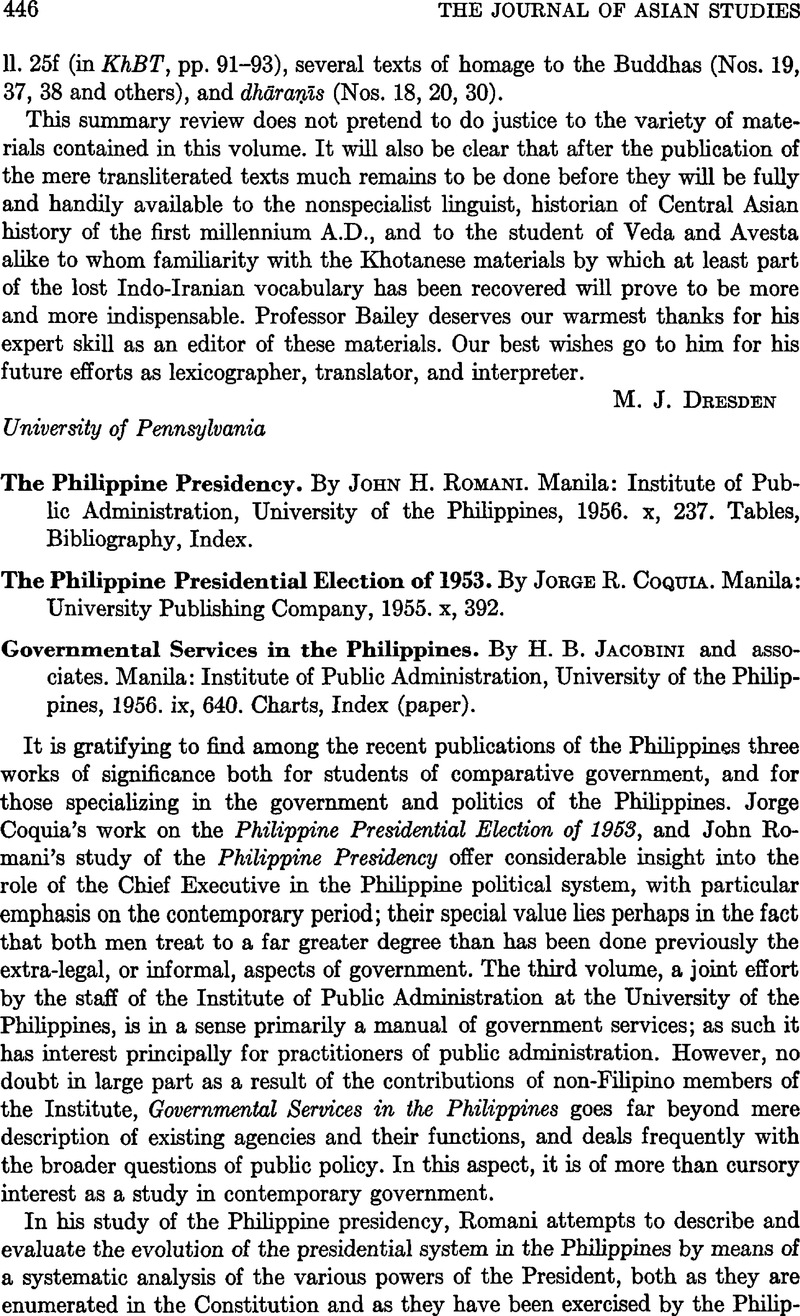 The Philippine Presidency. By John H. Romani. Manila: Institute of ...