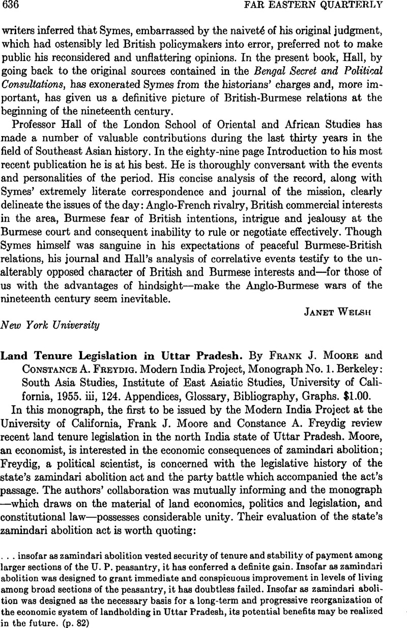 Land Tenure Legislation in Uttar Pradesh. By Frank J. Moore and ...