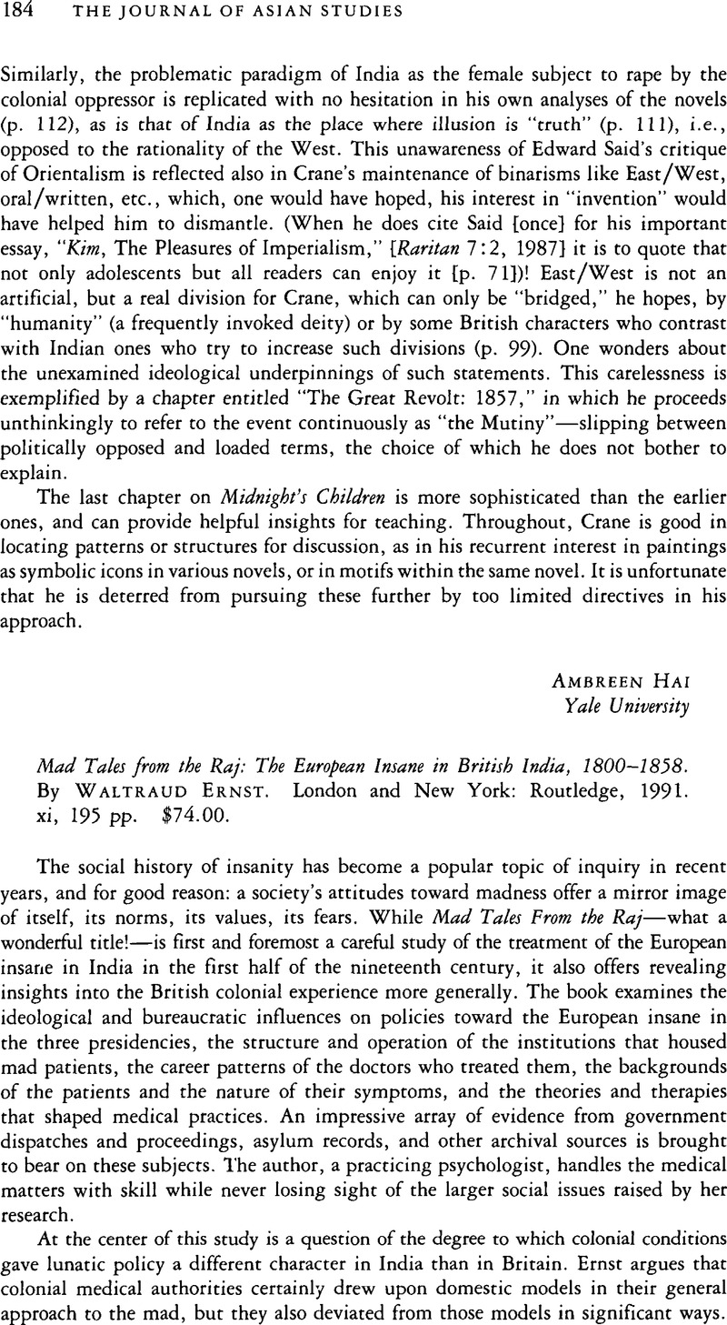 Mad Tales from the Raj: The European Insane in British India, 1800-1858