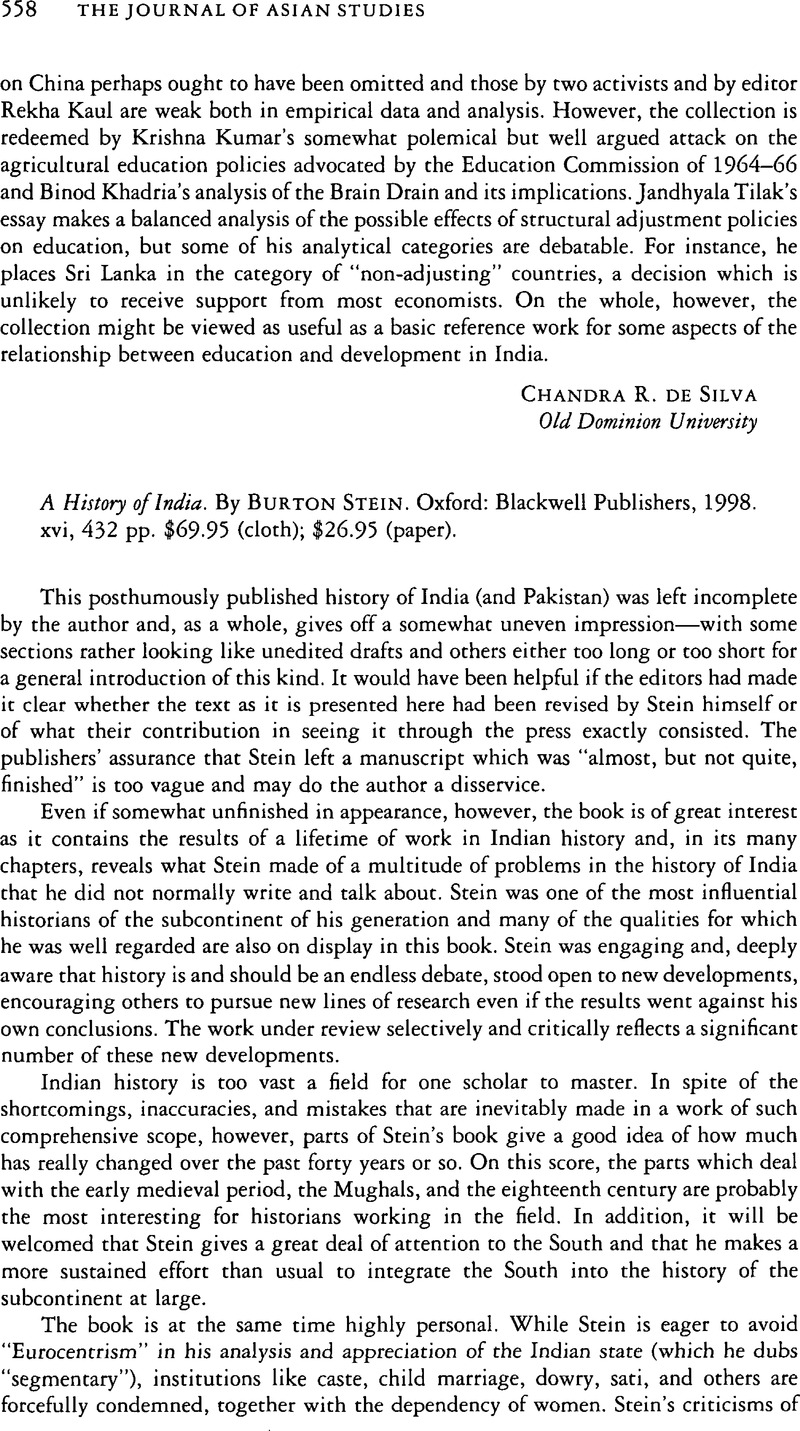 A History of India. By Burton Stein. Oxford Blackwell Publishers