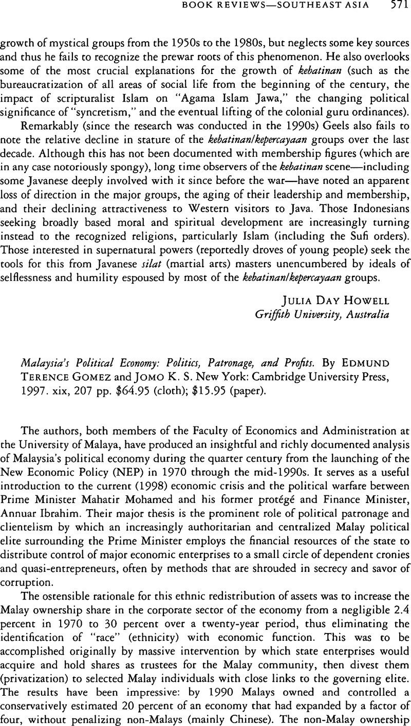 Malaysia's Political Economy: Politics, Patronage, and Profits. By ...