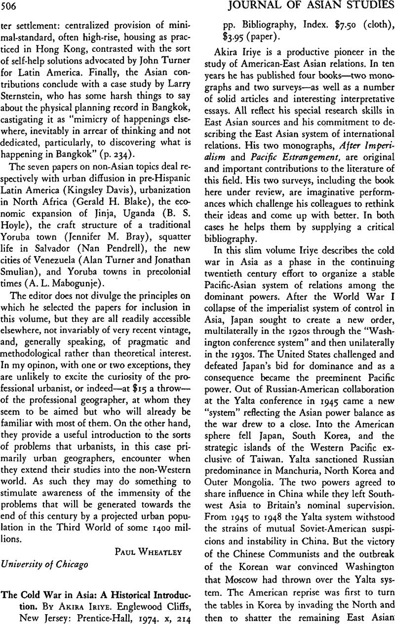 The Cold War in Asia A Historical Introduction. By Akira Iriye