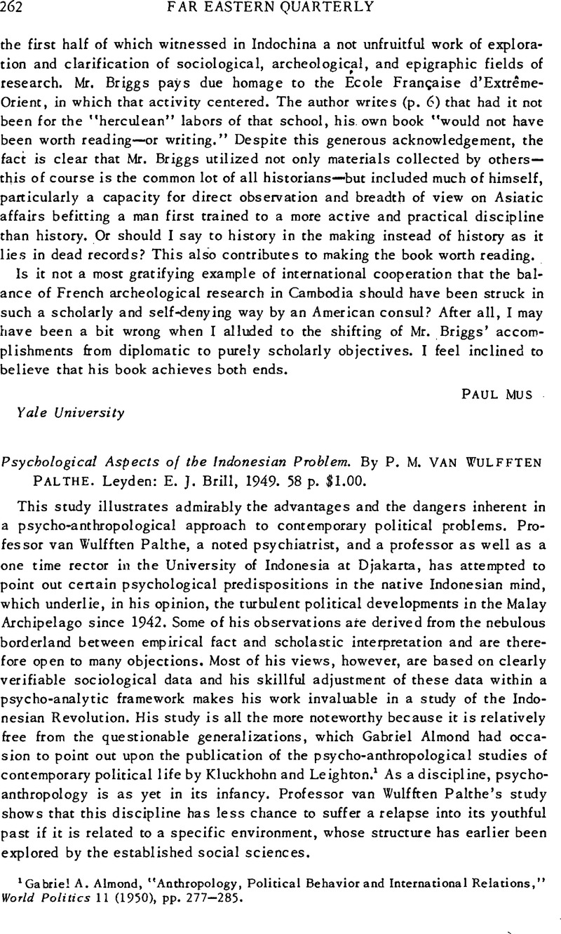 Psychological Aspects Of The Indonesian Problem. By P. M. Van Wulfften 