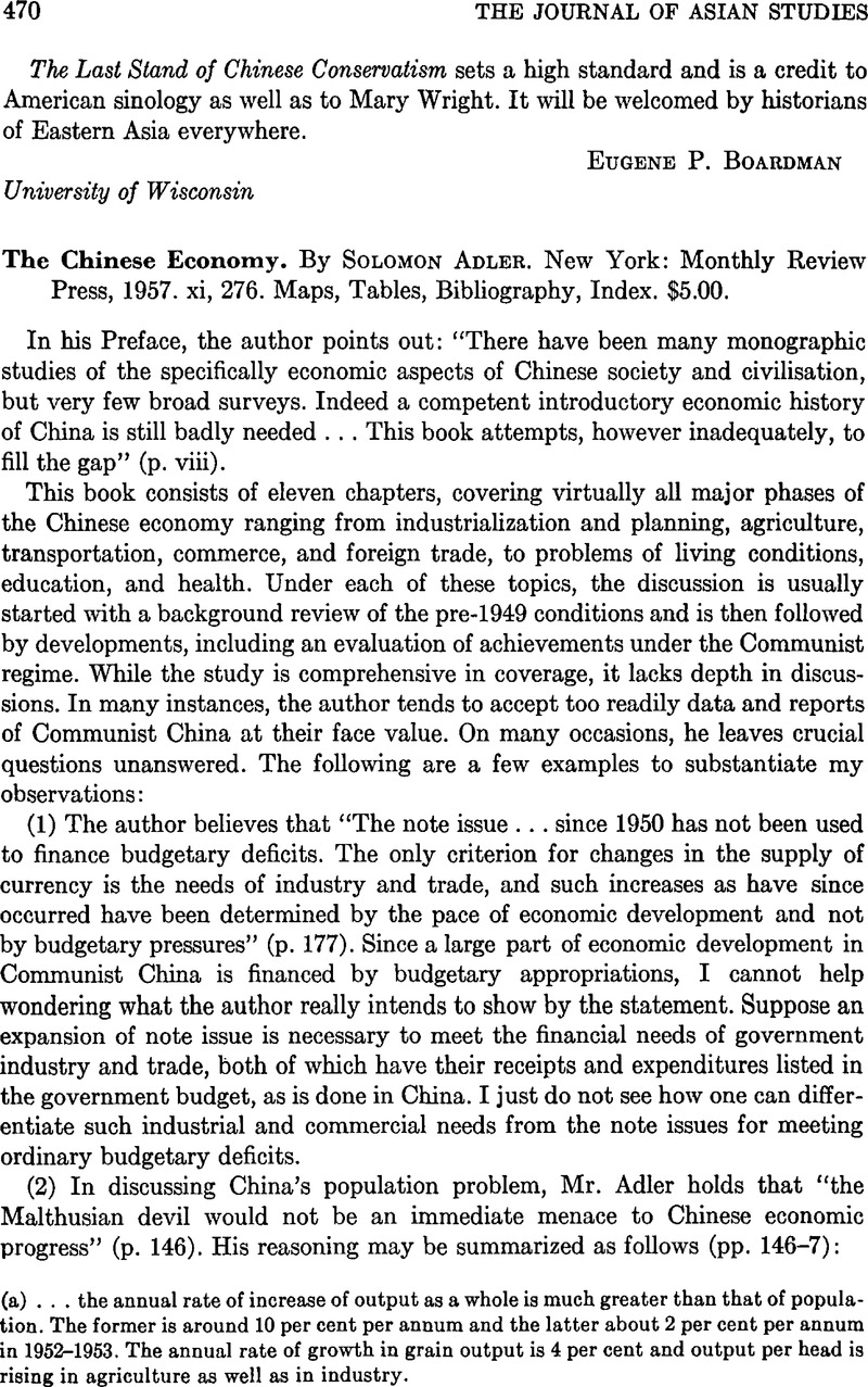 The Chinese Economy. By Solomon Adler. New York: Monthly Review Press 