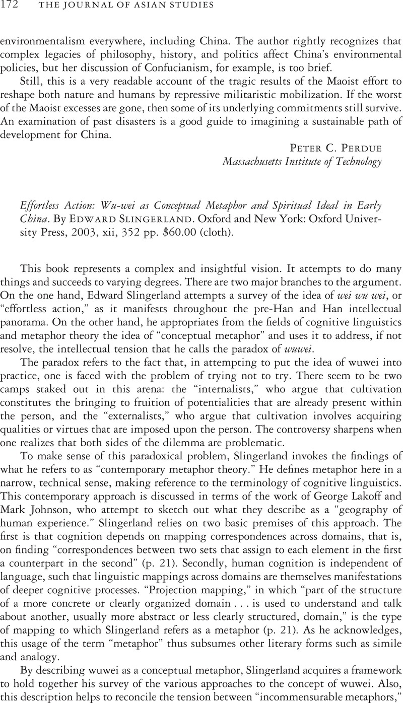 Effortless Action: Wu-wei As Conceptual Metaphor and Spiritual Ideal in Early China