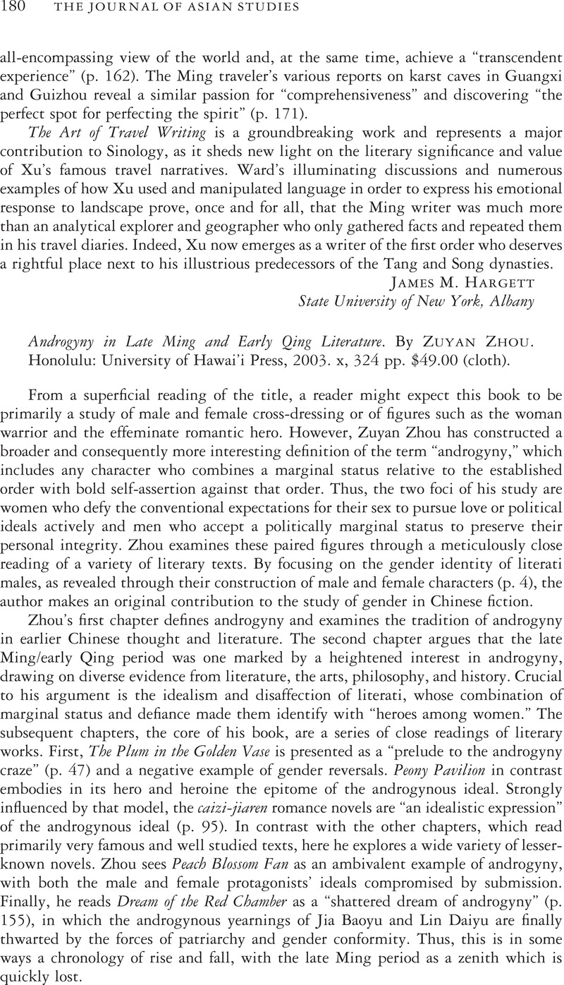 Androgyny in Late Ming and Early Qing Literature. By Zuyan Zhou ...