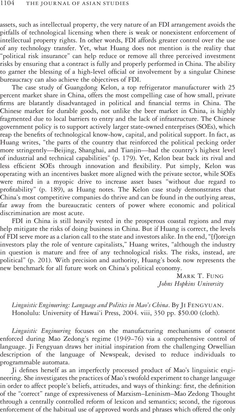 Linguistic Engineering: Language and Politics in Mao's China. By ...