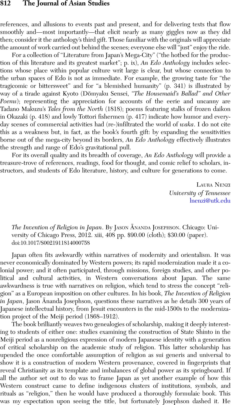 The Invention of Religion in Japan. By Jason Ānanda Josephson . Chicago ...