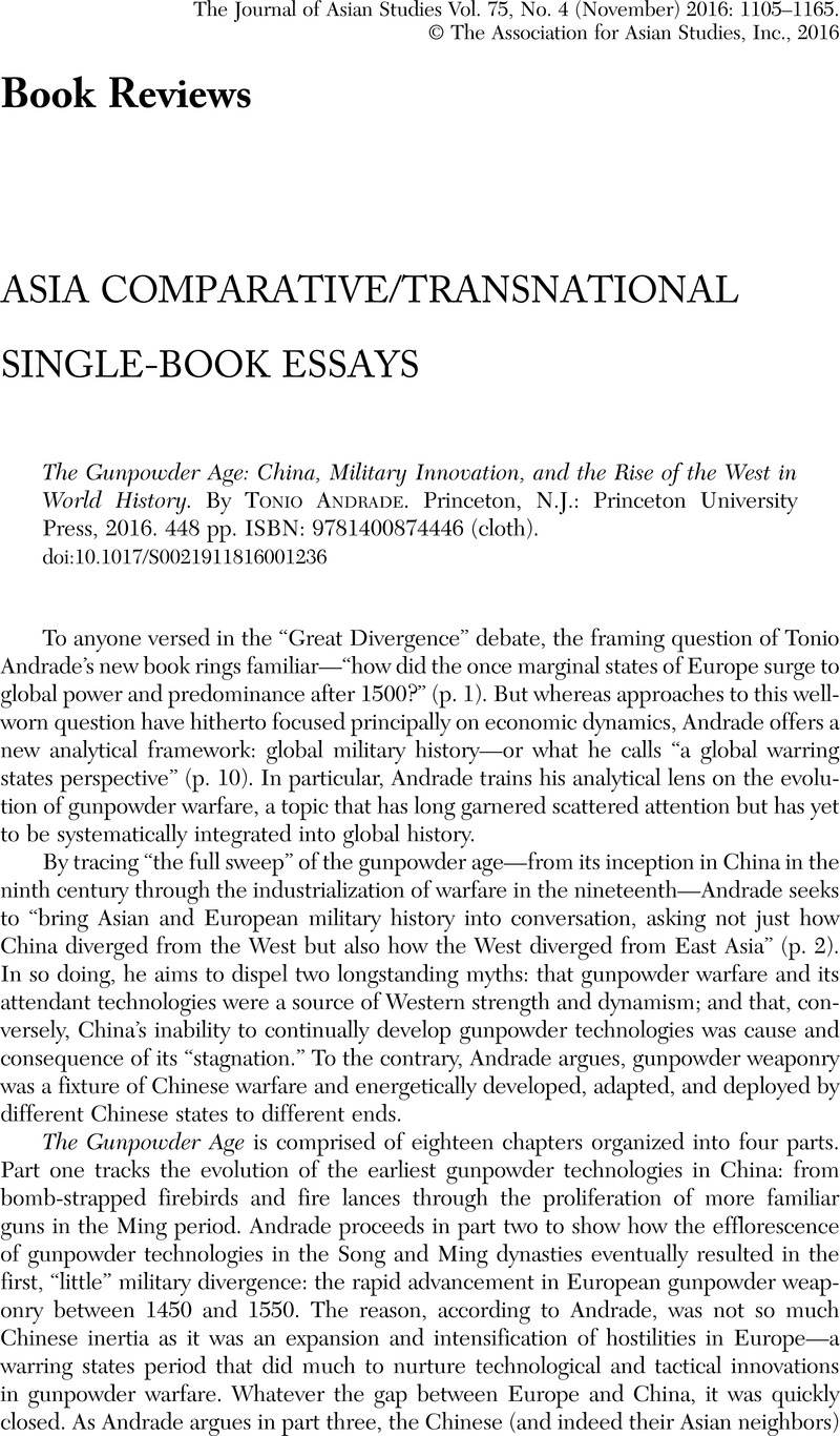 The Gunpowder Age: China, Military Innovation, and the Rise of the West in World History