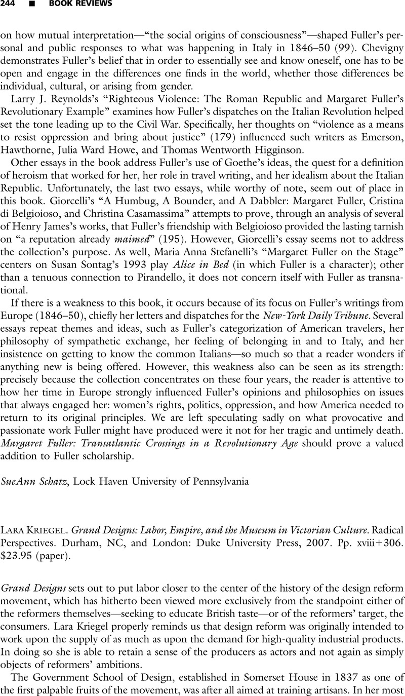 Lara Kriegel. Grand Designs: Labor, Empire, and the Museum in Victorian ...