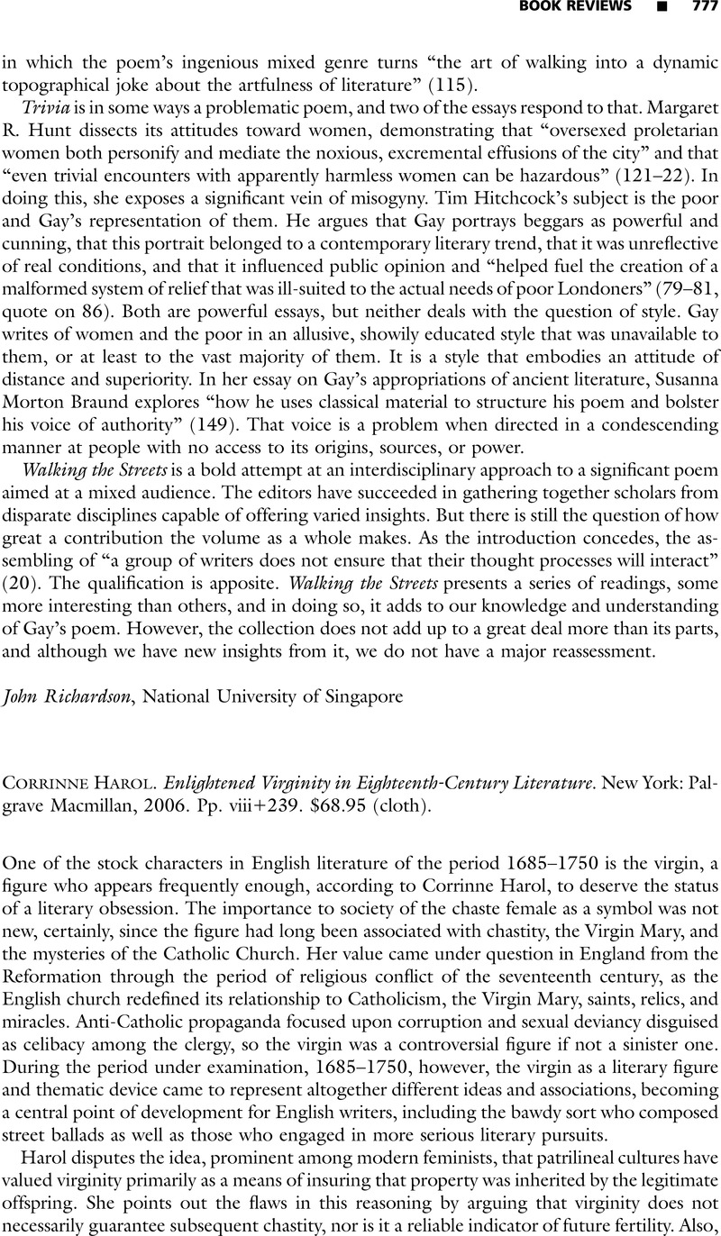 Enlightened Virginity in Eighteenth-Century Literature