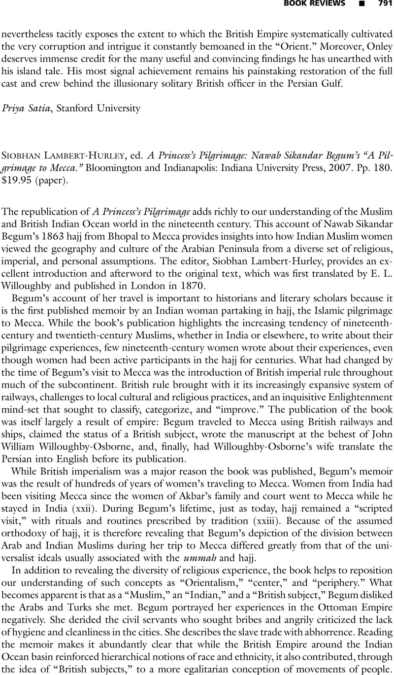 Siobhan LambertHurley, ed. A Princess's Pilgrimage Nawab Sikandar