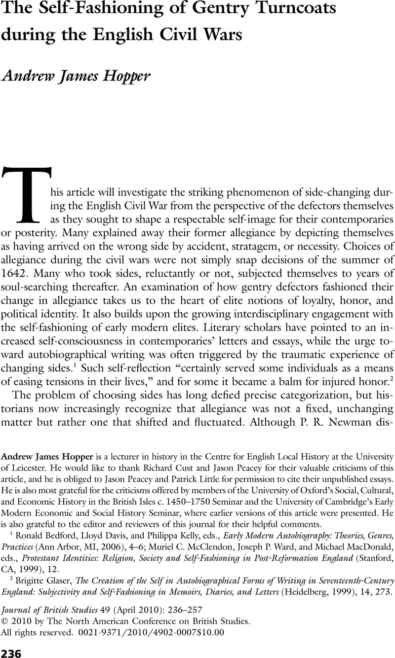 The SelfFashioning of Gentry Turncoats during the English Civil Wars