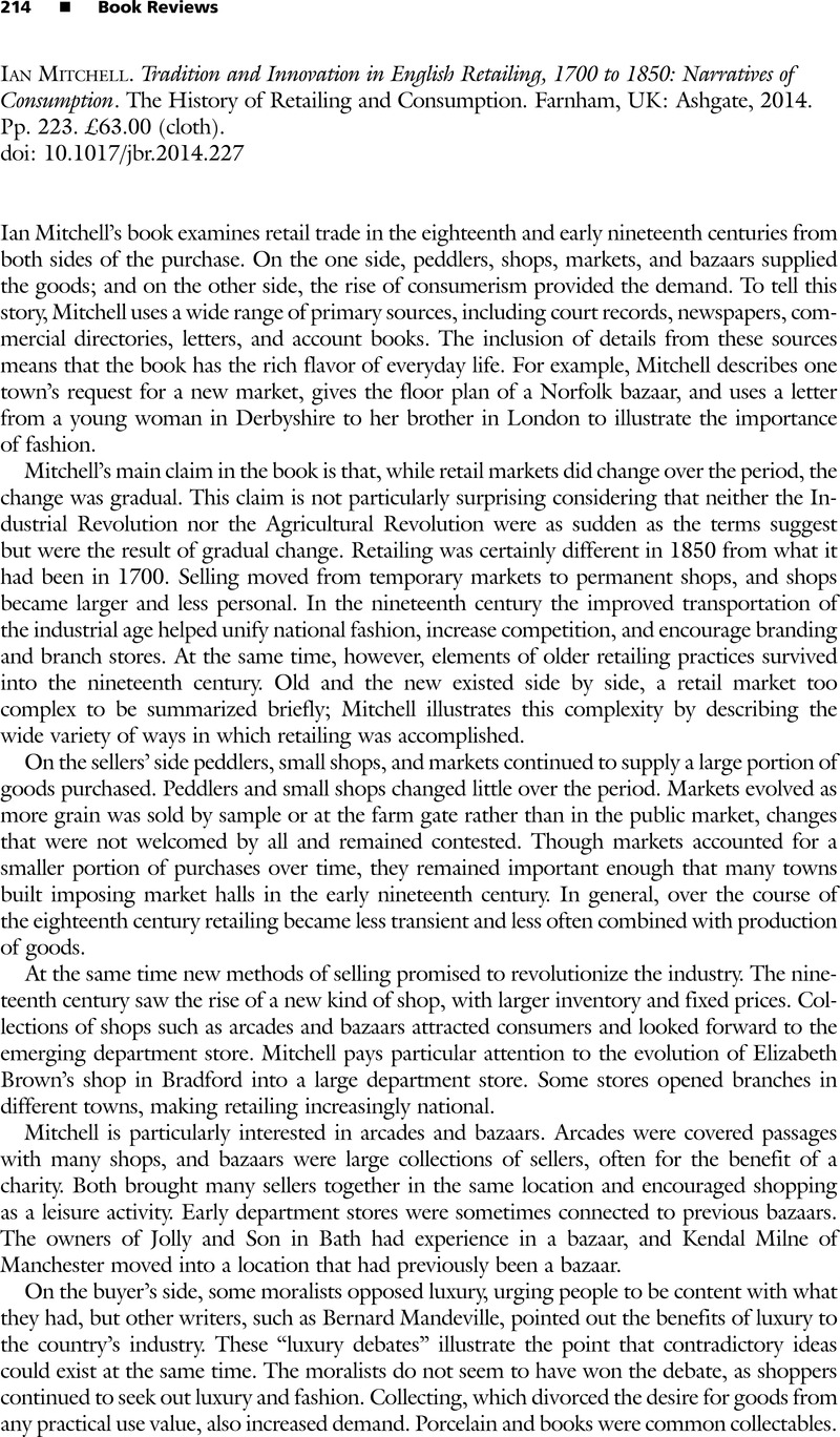 Ian Mitchell. Tradition and Innovation in English Retailing, 1700 to ...