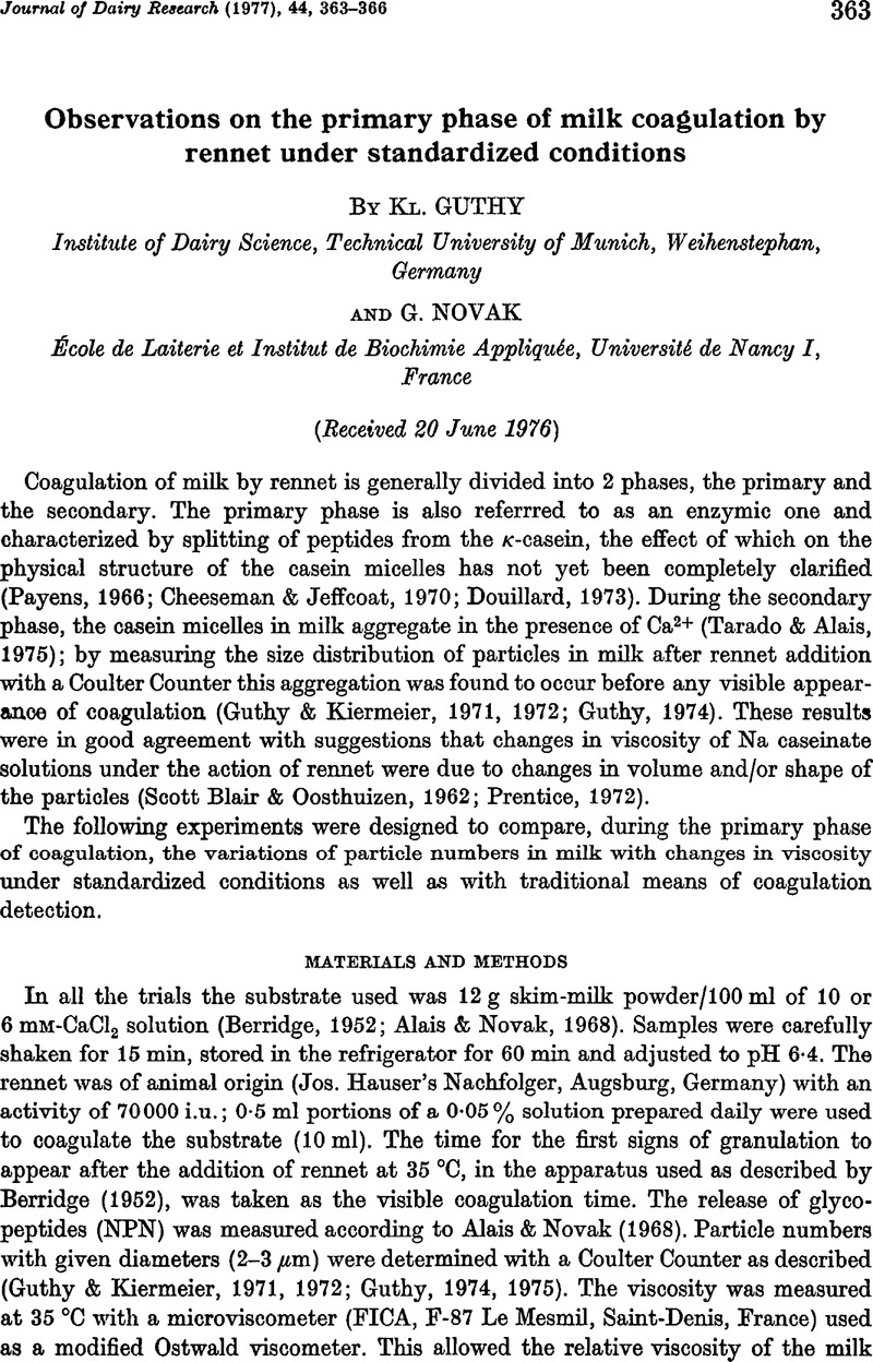 Observations On The Primary Phase Of Milk Coagulation By Rennet Under ...