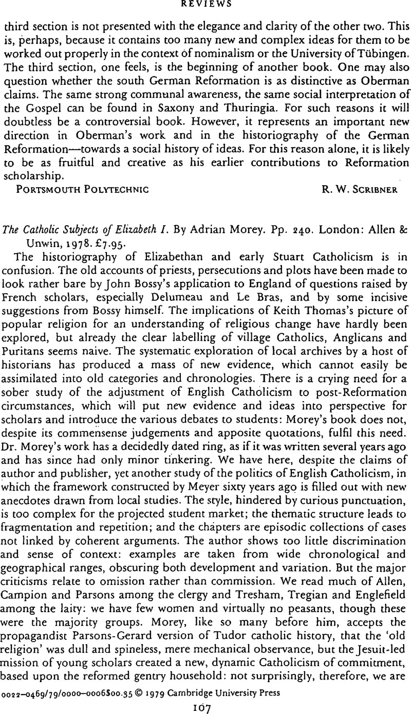 The Catholic Subjects of Elizabeth I. By Adrian Morey. Pp. 240. London ...