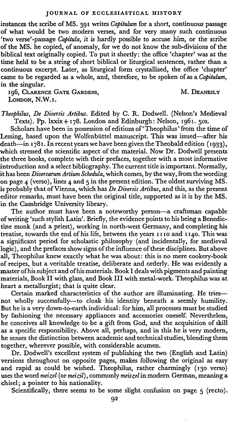 Theophilus, De Diversis Artibus. Edited by C. R. Dodwell. (Nelson's ...