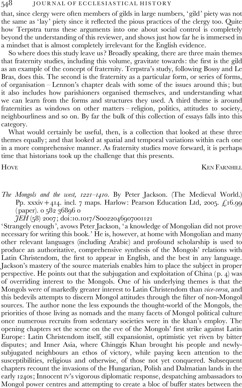 The Mongols and the west, 1221–1410. By Peter Jackson. (The Medieval ...