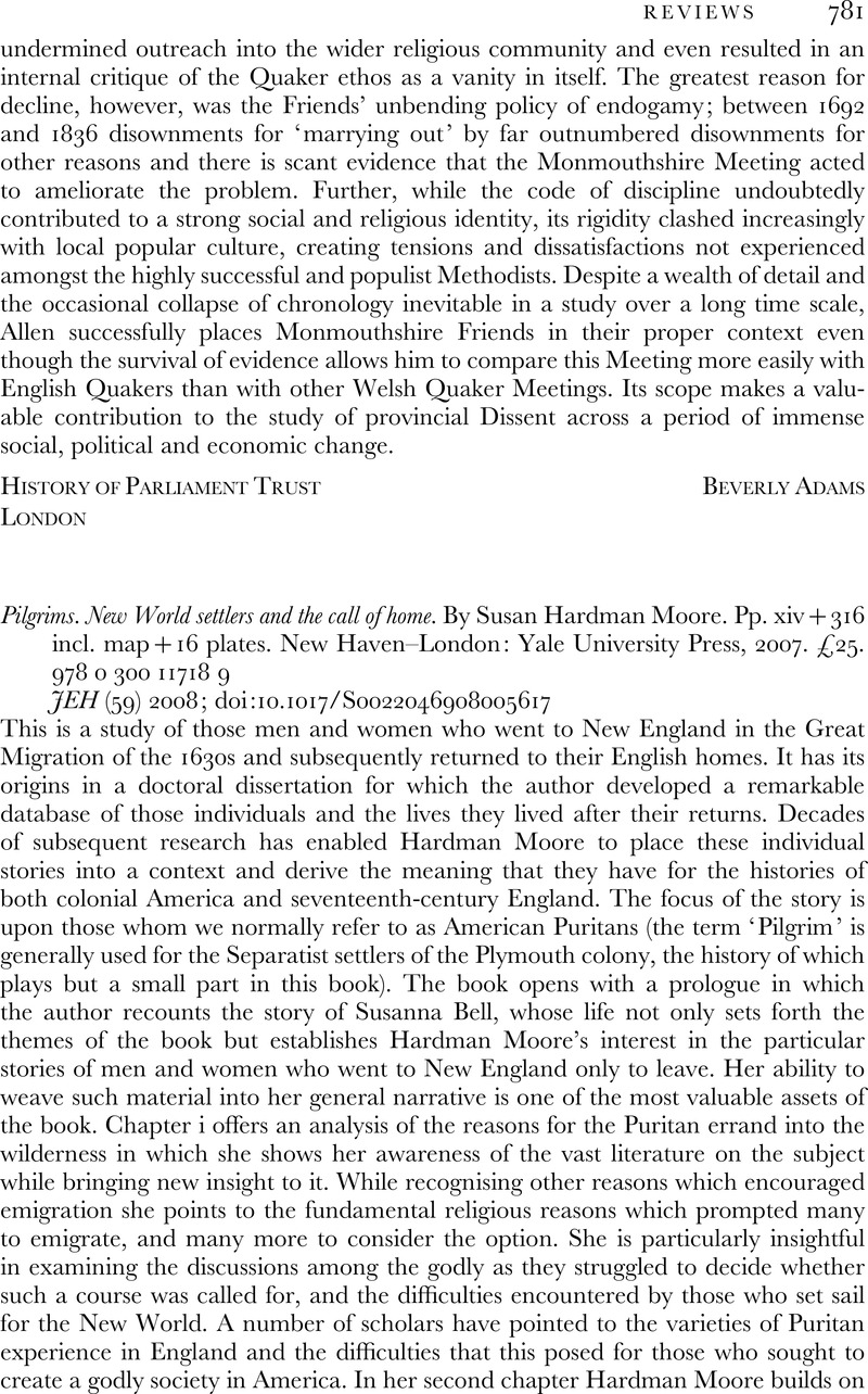 Pilgrims. New World settlers and the call of home. By Susan Hardman ...