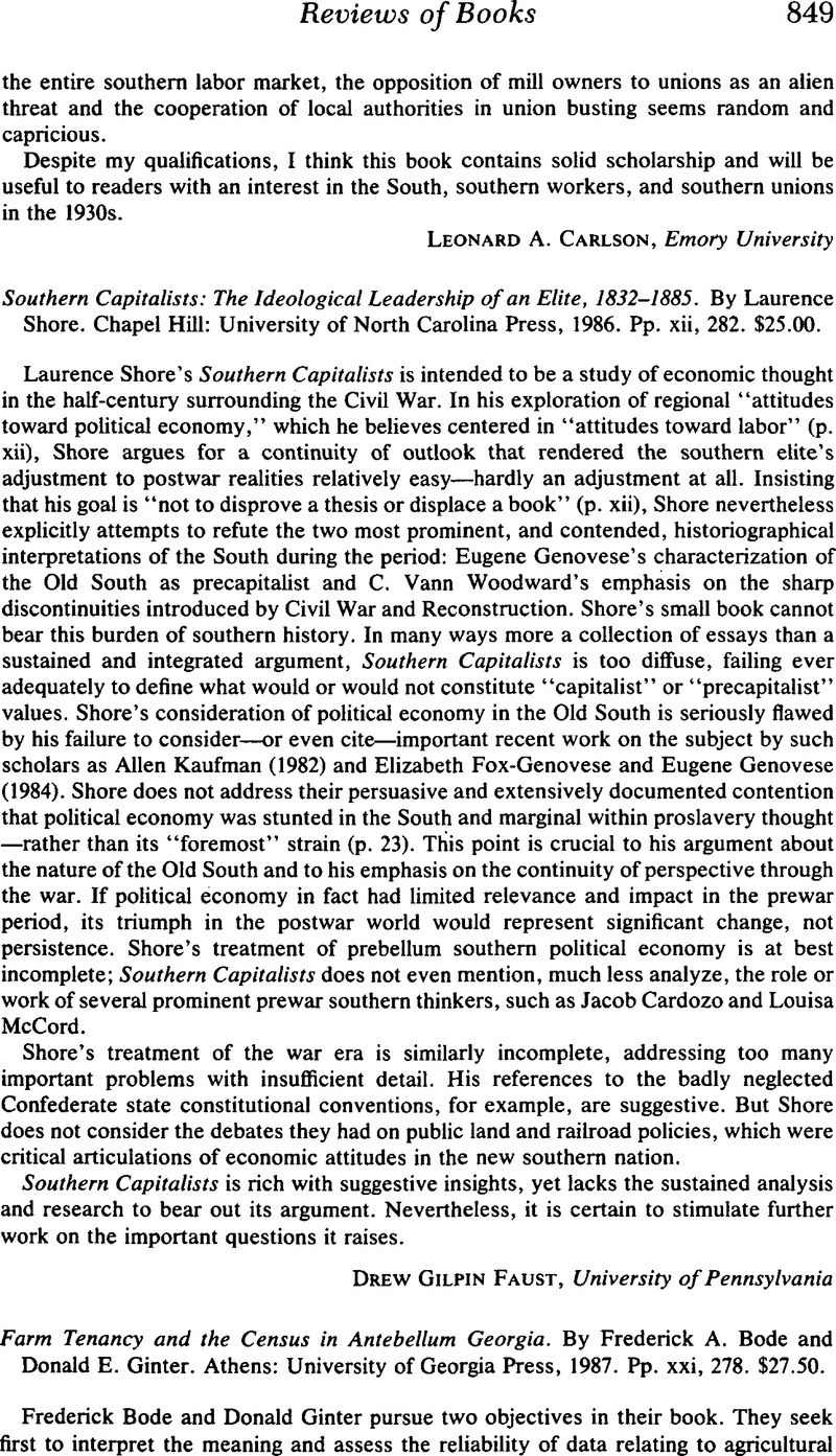 Southern Capitalists: The Ideological Leadership of an Elite, 1832–1885 ...