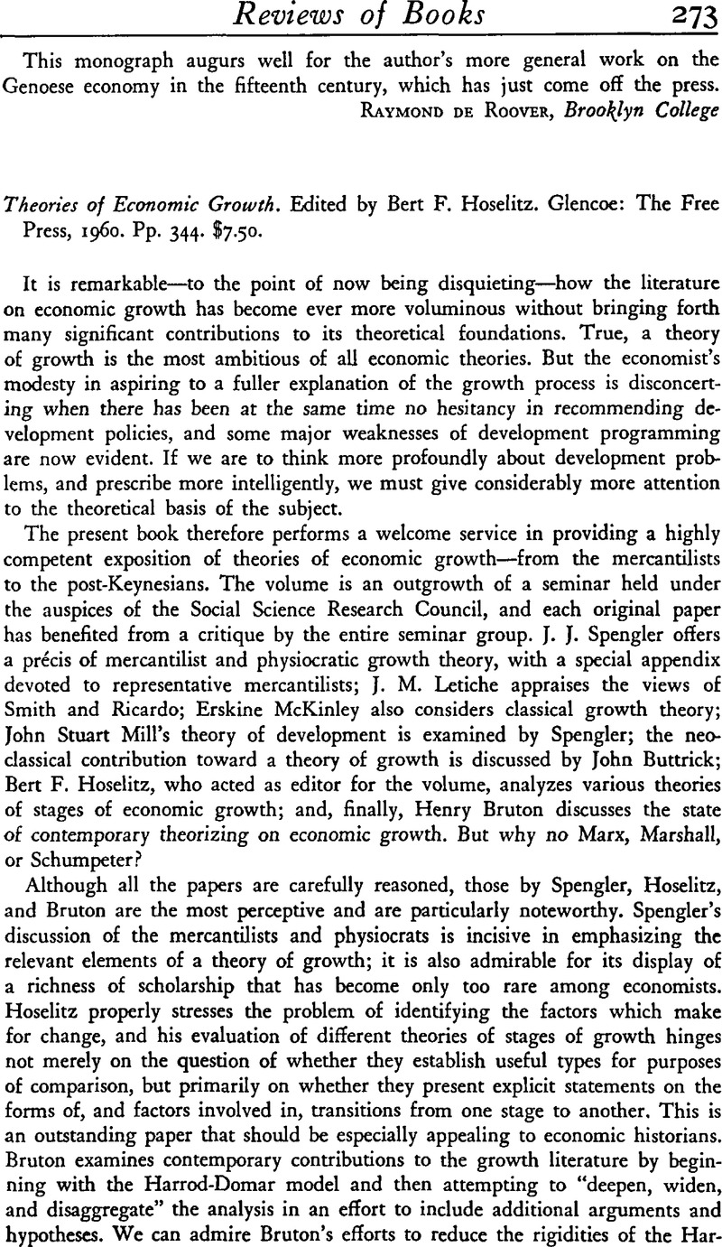 Theories of Economic Growth. Edited by Bert F. Hoselitz. Glencoe: The ...