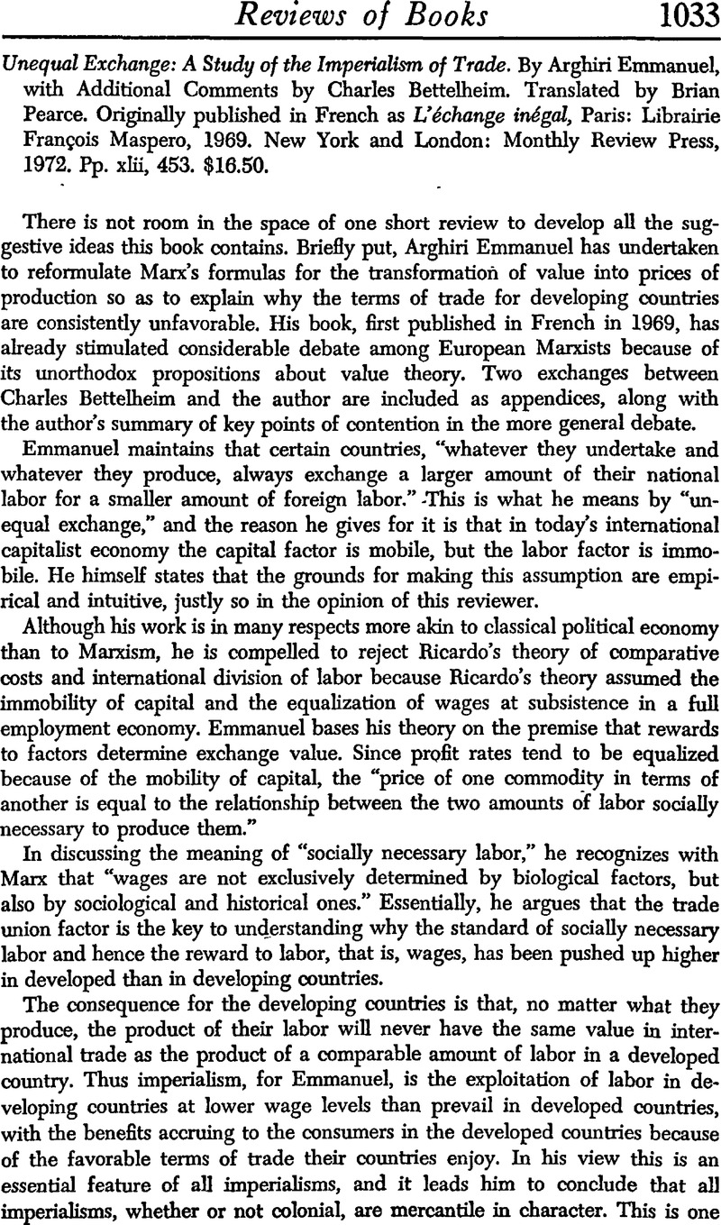 Unequal Exchange: A Study of the Imperialism of Trade. By Arghiri ...