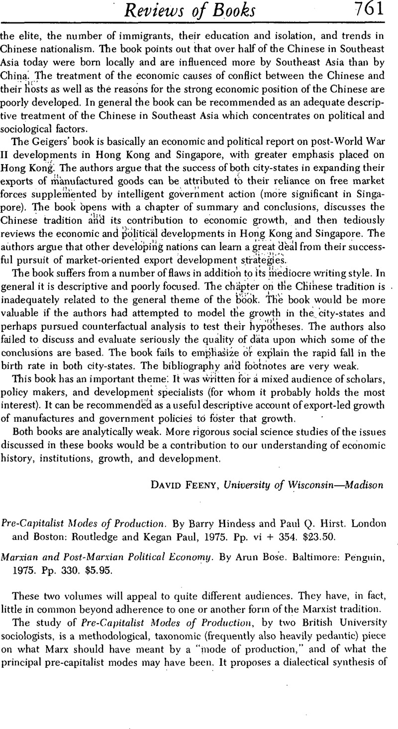 Pre-Capitalist Modes of Production. By Barry Hindess and Paul Q. Hirst ...