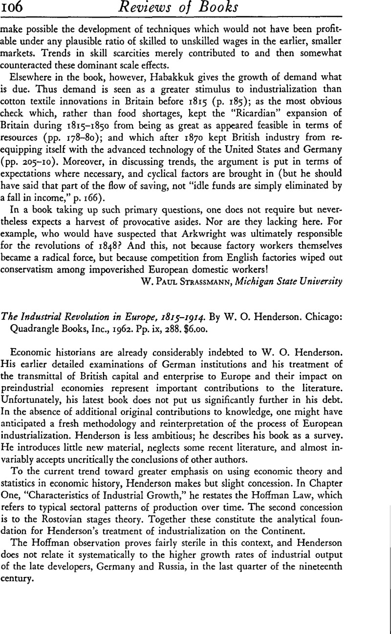 The Industrial Revolution in Europe, 1815–1914. By W. O. Henderson ...