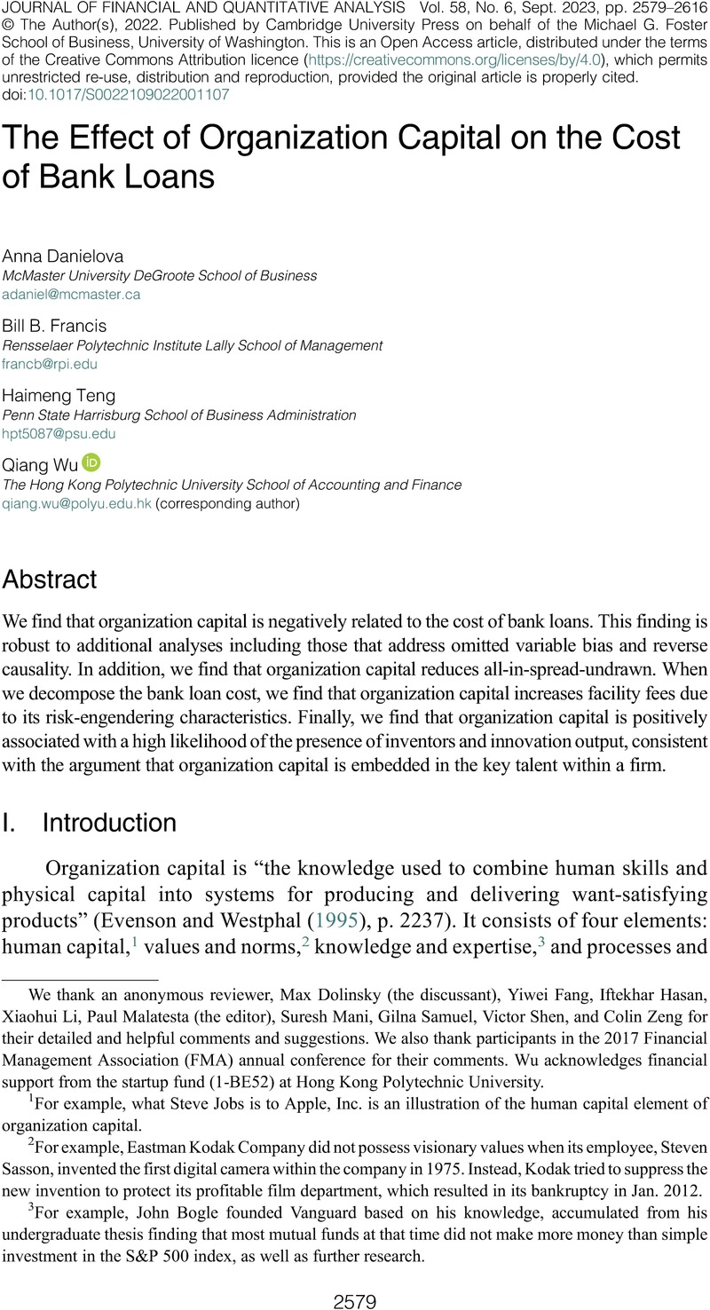 The Effect of Organization Capital on the Cost of Bank Loans Journal