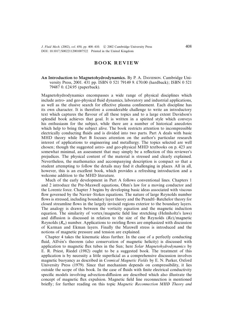 an introduction to magnetohydrodynamics davidson