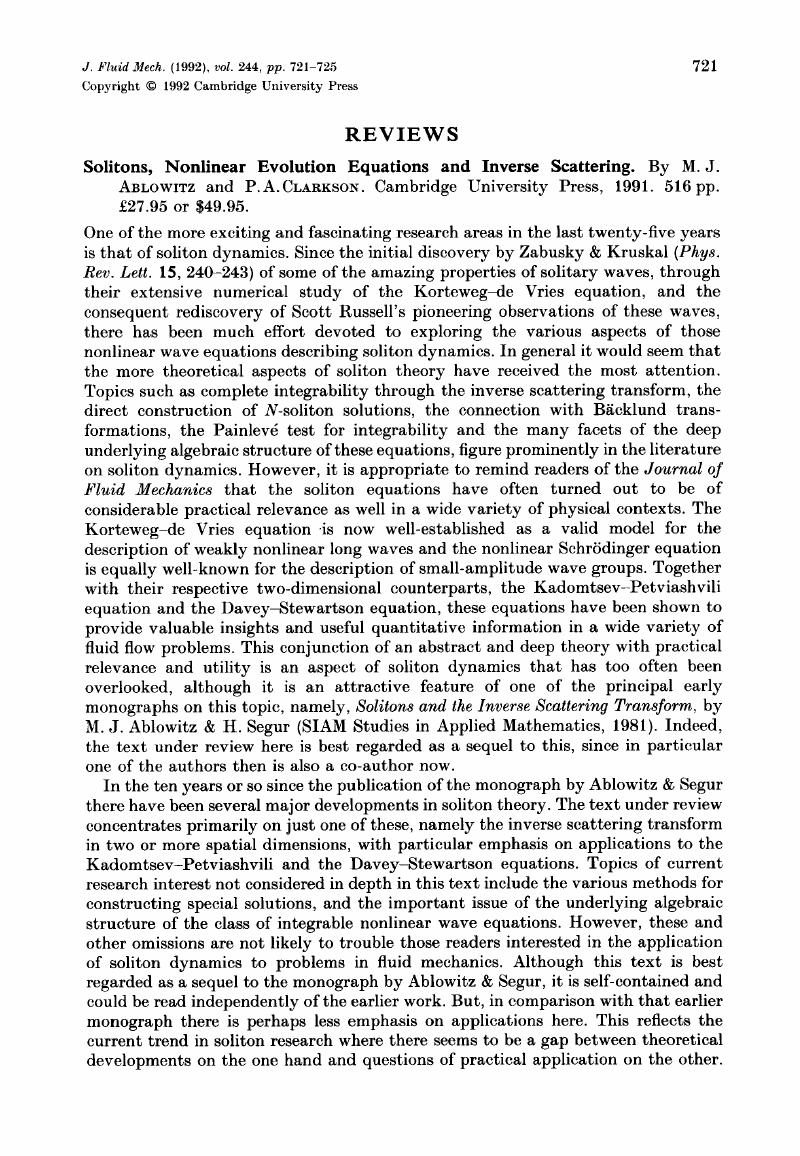 Solitons, Nonlinear Evolution Equation and Inverse Scattering. By M. J ...
