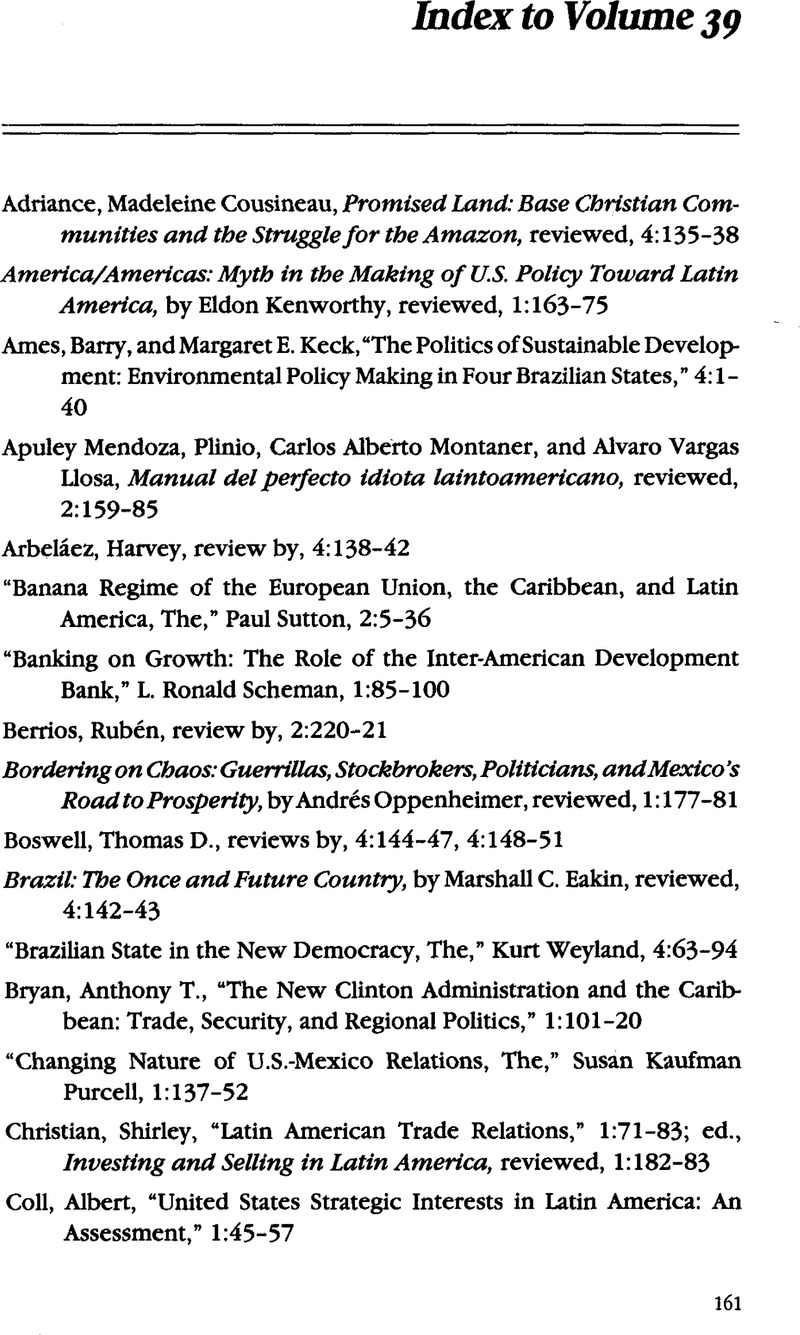 Index to Volume 39 | Journal of Interamerican Studies and World Affairs ...