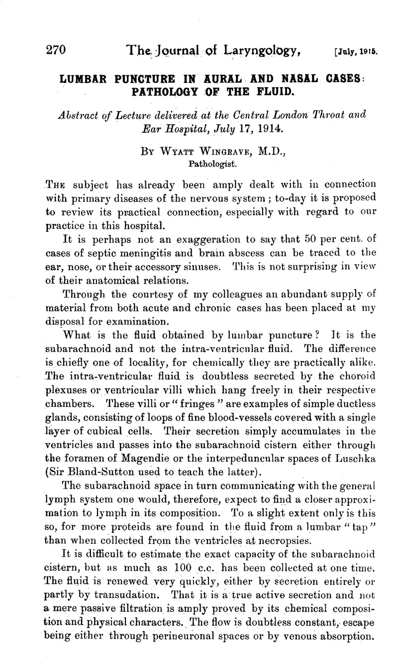 Lumbar Puncture in Aural and Nasal Cases: Pathology of the Fluid | The ...