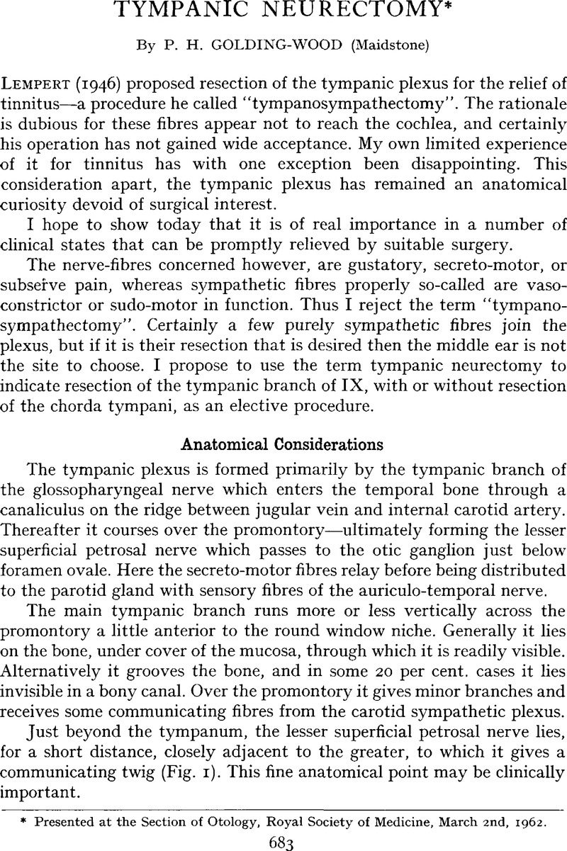 Tympanic Neurectomy* The Journal of Laryngology & Otology Cambridge